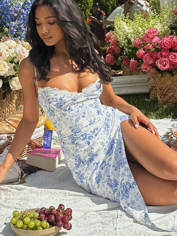 Women's fashion new small floral slit suspender dress