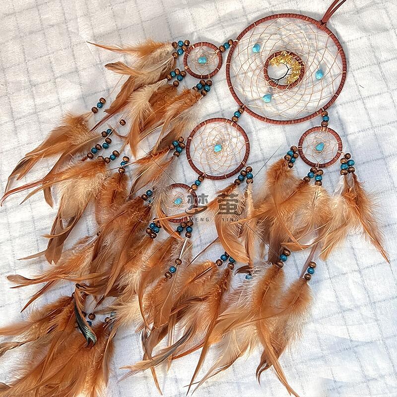 Dream Catcher Handmade Gift Feather Hook Flower Wind Chime with Five Circles Ornament Wall Hanging Decor Art Boho Style 15x80cm/6''x31.5''