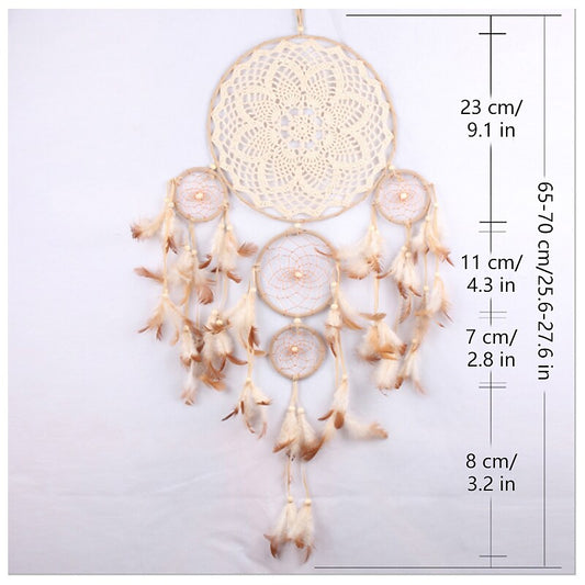 Boho Dream Catcher Handmade Gift Wall Hanging Decor Art Ornament Craft 5 Circles Feather Bead Flower 23*65cm For Kids Bedroom Wedding Festival