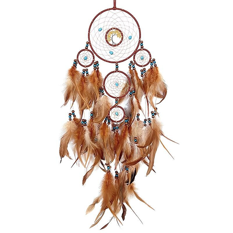 Dream Catcher Handmade Gift Feather Hook Flower Wind Chime with Five Circles Ornament Wall Hanging Decor Art Boho Style 15x80cm/6''x31.5''