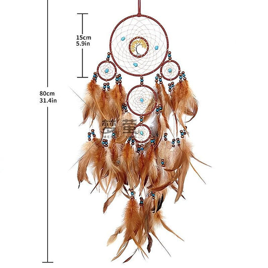 Dream Catcher Handmade Gift Feather Hook Flower Wind Chime with Five Circles Ornament Wall Hanging Decor Art Boho Style 15x80cm/6''x31.5''