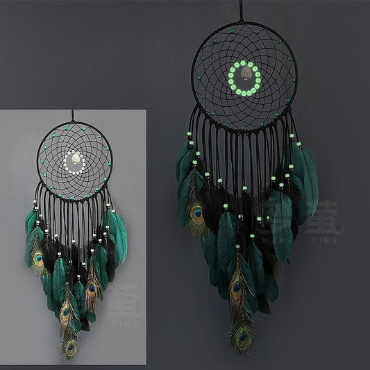 Red Dream Catcher Handmade Gift with Peacock Feathers Luminous Beads Wall Hanging Decor Art Wind Chimes Boho Style Car Hanging Home Pendant