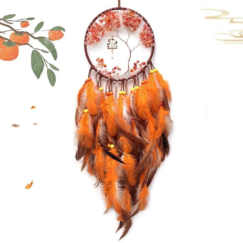 Life of Tree Dream Catcher Handmade Gift with Orange Feather Hook Flower Wind Chime Ornament Wall Hanging Decor Art Boho Style 16x70cm/6.2''x27.5''