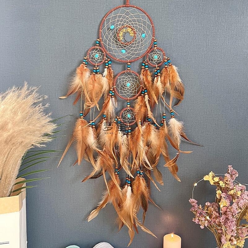 Dream Catcher Handmade Gift Feather Hook Flower Wind Chime with Five Circles Ornament Wall Hanging Decor Art Boho Style 15x80cm/6''x31.5''