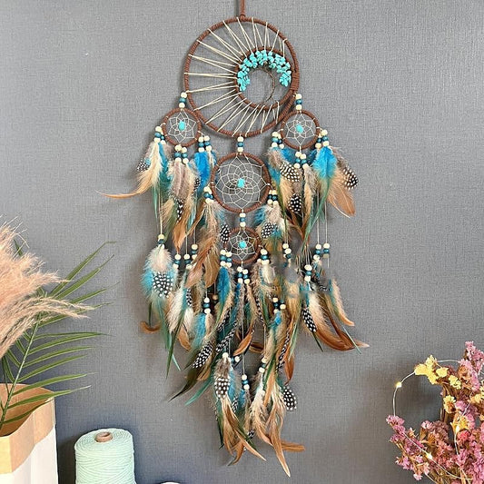 Colorful Tree of Life Dream Catcher Handmade Gift Feather Hook Flower Wind Chime with Five Circles Ornament Wall Hanging Decor Art Boho Style 15x80cm/6''x31.5''