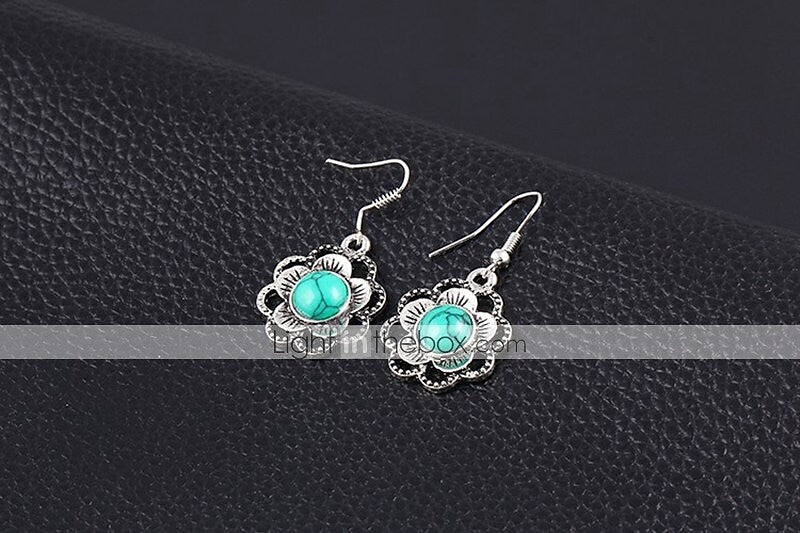 Hot 2 Color Fashion Turquoise Flower Pendant Necklace Flower Drop Earring Wedding Jewelry Set