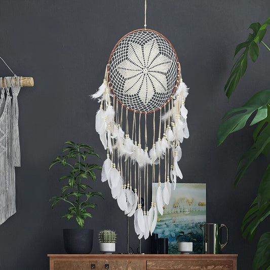 Dream Catcher Star Coffee Three Rings Handmade Gift with White Feather Wall Hanging Decor Art Wind Chimes Rural Style Home Pendant 35cm