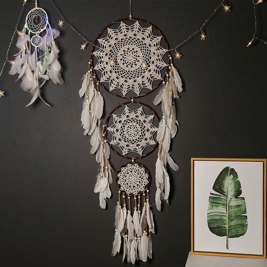 Dream Catcher Three-ring Concentric Circles Handmade Gift with White Feather Wall Hanging Decor Art Wind Chimes Boho Style Home Pendant 35*127cm