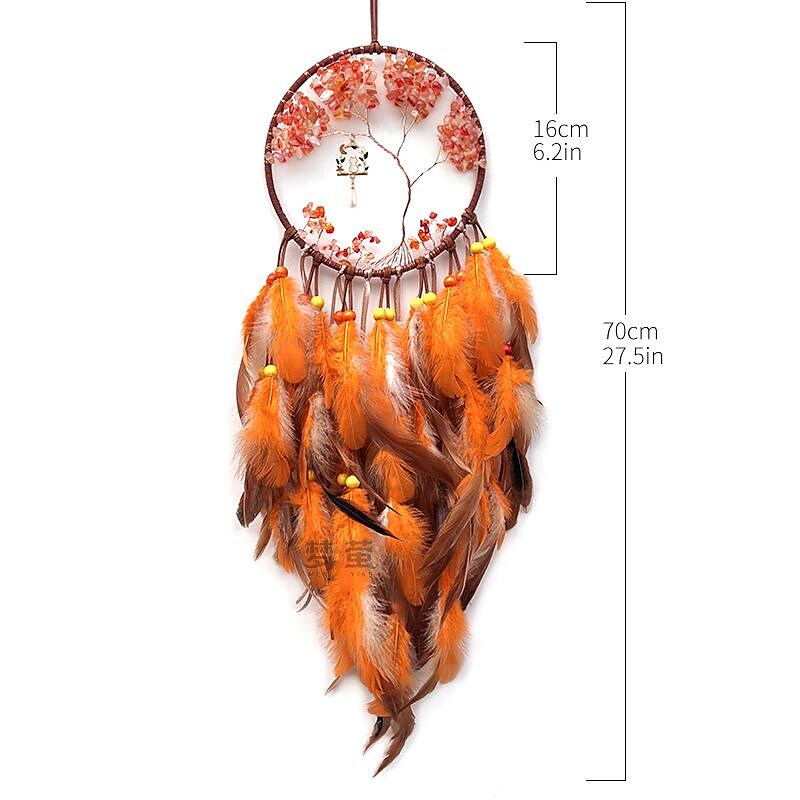 Life of Tree Dream Catcher Handmade Gift with Orange Feather Hook Flower Wind Chime Ornament Wall Hanging Decor Art Boho Style 16x70cm/6.2''x27.5''